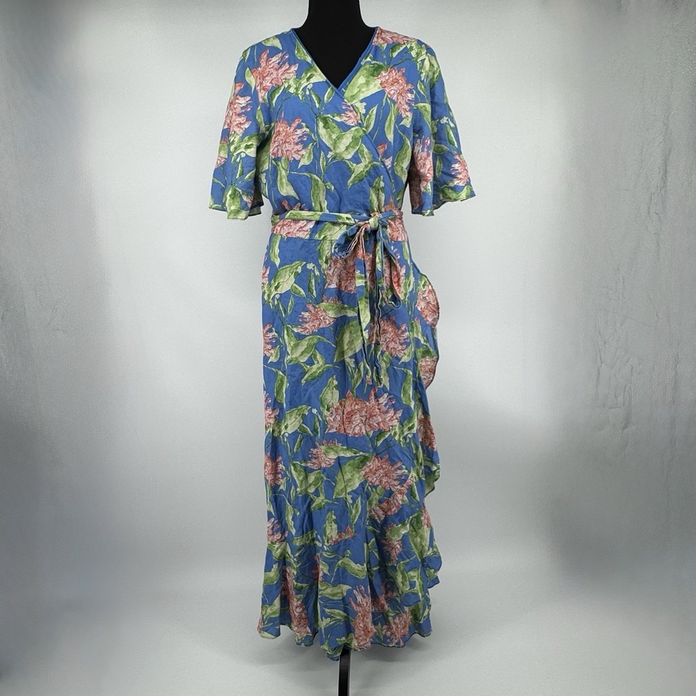 J. McLaughlin Audette Wrap Maxi Dress XL Blue Floral Linen Blend Peony Belted - Picture 2 of 13
